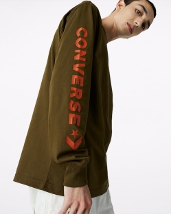 Converse Wordmark Long Sleeve Férfi Pólók Olivazöld | CJHYZDB-HU